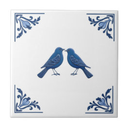 Azulejo Pareja de pájaros Esquinas florales azules y blanc