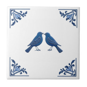 Azulejo Pareja de pájaros Esquinas florales azules y blanc