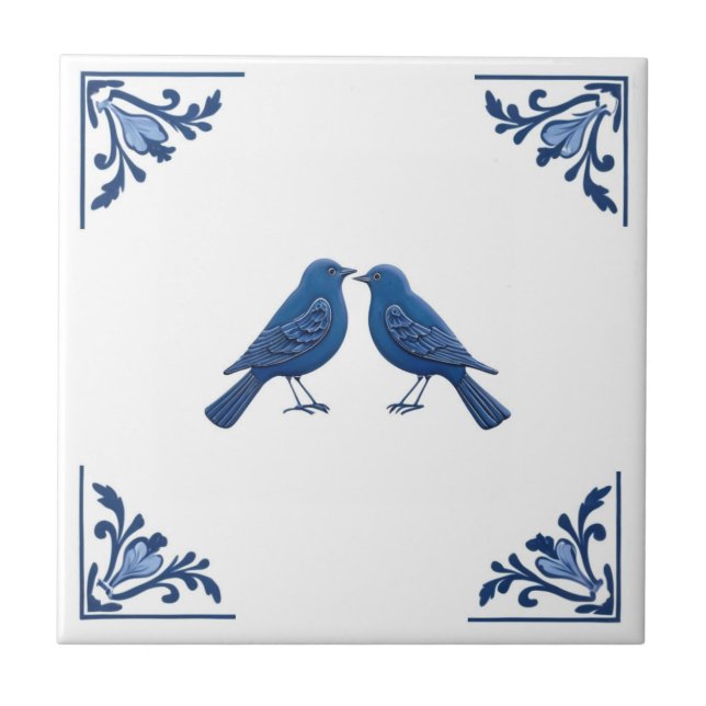 Azulejo Pareja de pájaros Esquinas florales azules y blanc (Frente)