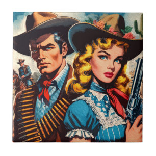 Azulejo Pareja del Salvaje Oeste Cómics Retro