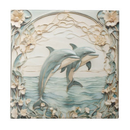 Azulejo Pareja delfín Art Nouveau Faux Relief Mint Blue