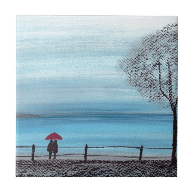 Azulejo Pareja enamorada de paraguas rojos (Frente)