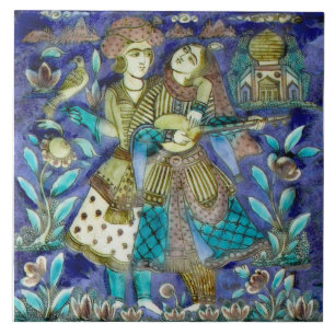 Azulejo Pareja encantadora con pájaro, lute persa repro d