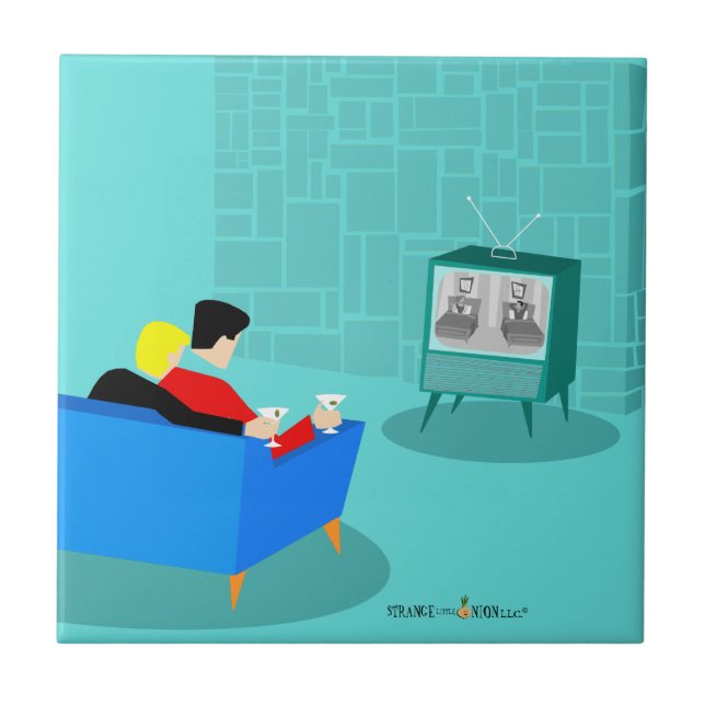 Azulejo Pareja gay retro viendo la televisión mosaico cerá (Frente)
