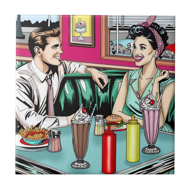 Azulejo Pareja retro de los años 1950 en Diner (Frente)