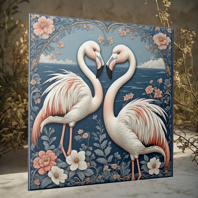 Azulejo Pareja Romántica de Flamencos Arte Deco Estanque A (Romantic Flamingo Couple Art Deco Blue Pond Floral Ceramic Tile)