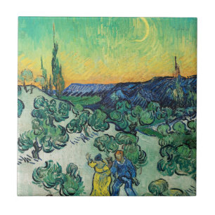 Azulejo Pareja Romántica de Van Gogh Caminando Bajo la Lun