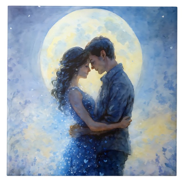 Azulejo Pareja romántica luna acuarela Art Dreamy Blue (Frente)
