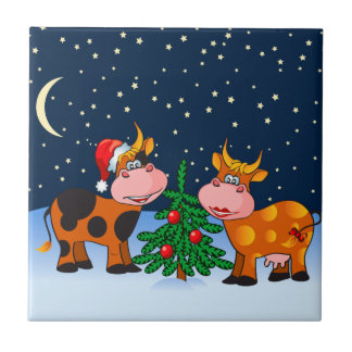 Azulejo Pares dulces de la vaca de las Felices Navidad por