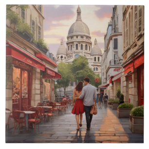 Azulejo París Amor: Pareja romántica junto a la Iglesia de