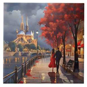 Azulejo París Amor: Pareja romántica junto a Seine Notre D