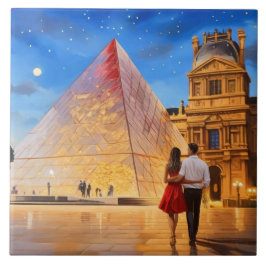 Azulejo Paris Love: Louvre Museum Pyramid Romantic Couple