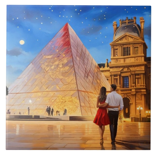 Azulejo Paris Love: Louvre Museum Pyramid Romantic Couple (Frente)