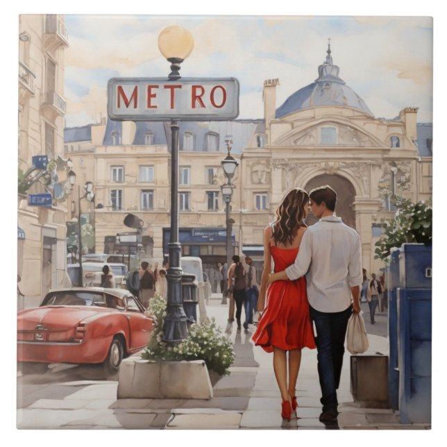 Azulejo Paris Love: Romantic Couple by Train Station Metro (Frente)