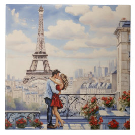 Azulejo Paris Love: Romantic Couple Eiffel Tower Balcony