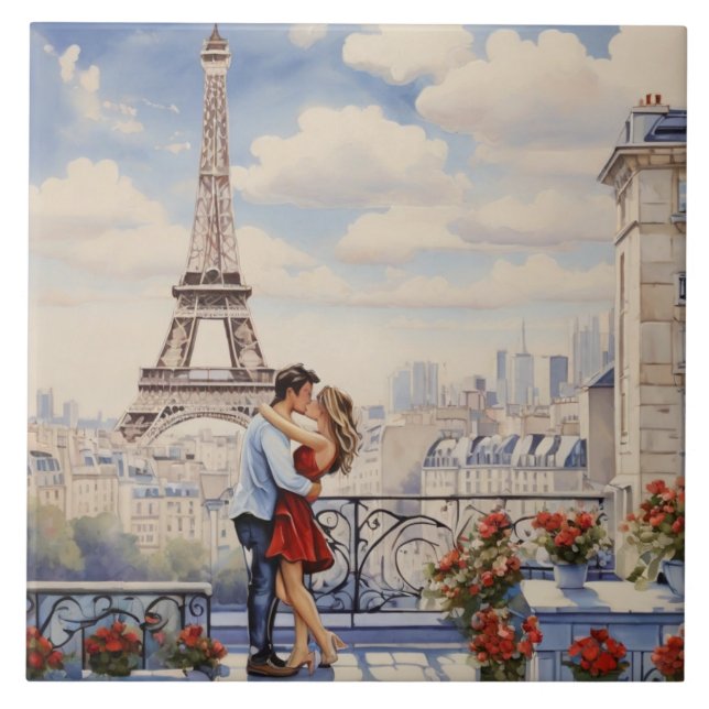 Azulejo Paris Love: Romantic Couple Eiffel Tower Balcony (Frente)