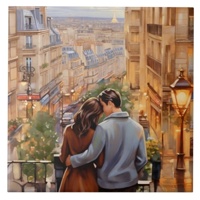 Azulejo Paris Love: Romantic Couple French City View (Frente)