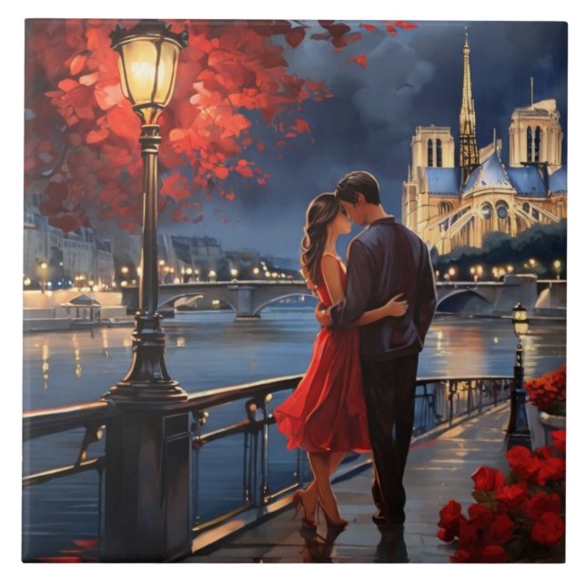 Azulejo Paris Love: Romantic Couple Seine River Notre Dame (Frente)