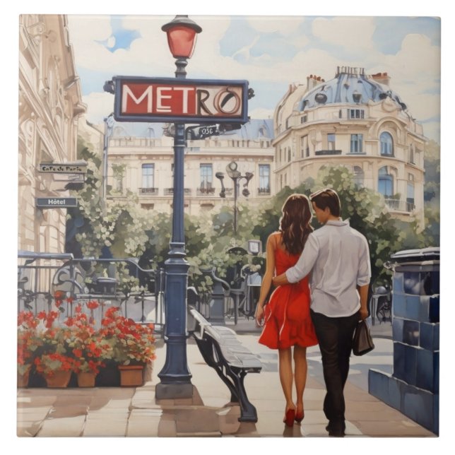Azulejo Paris Love: Romantic French Walk by Metro Station (Frente)