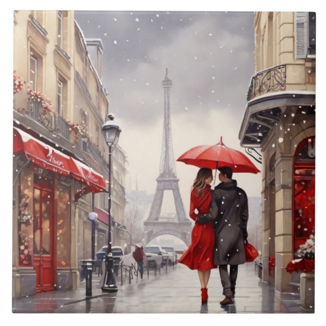 Azulejo Paris Love: Romantic Winter Eiffel Tower Walk (Frente)