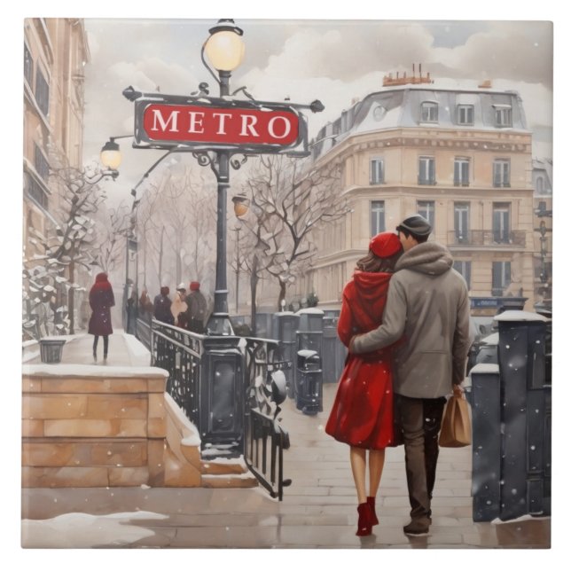 Azulejo Paris Love: Romantic Winter Walk Metro Station (Frente)