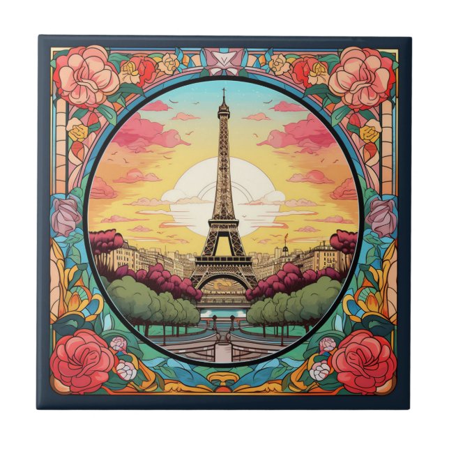 Azulejo Parisino Sunset Eiffel Tower Paris Floral Francesa (Frente)