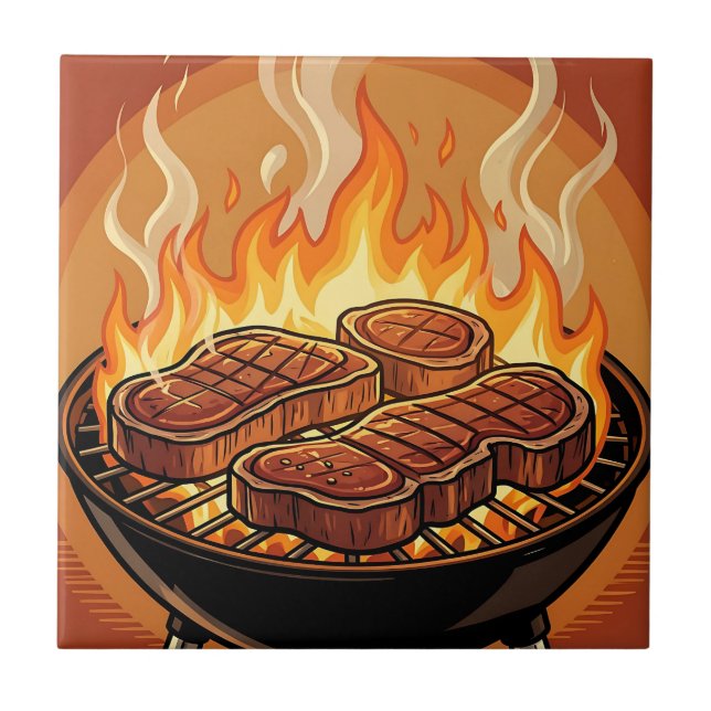 Azulejo Parrillas de bistec llamas de barbacoa (Frente)