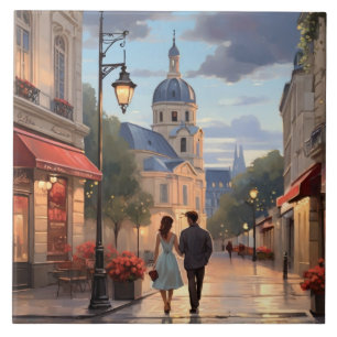 Azulejo Paseo nocturno de pareja romántica en París Franci
