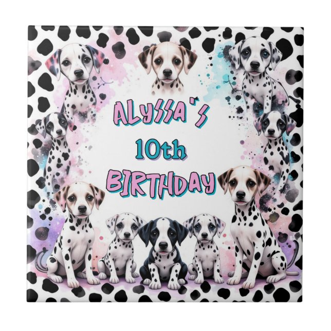 Azulejo Pastel arcoiris Dalmatia Puppy Cumpleaños Tile (Frente)