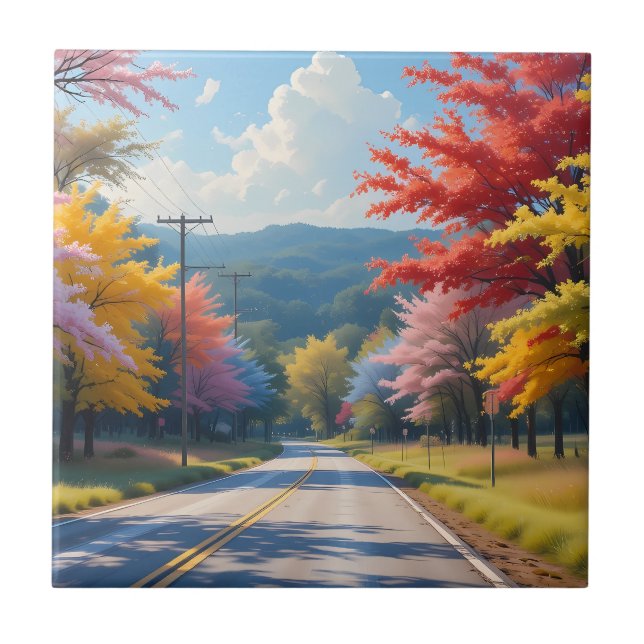Azulejo Pastel Autumn Country Road Watercolor (Frente)