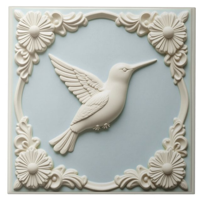 Azulejo Pastel blue faux relief Art Nouveau Hummingbird  (Frente)