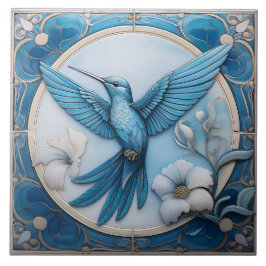 Azulejo Pastel blue faux relief Art Nouveau Hummingbird L