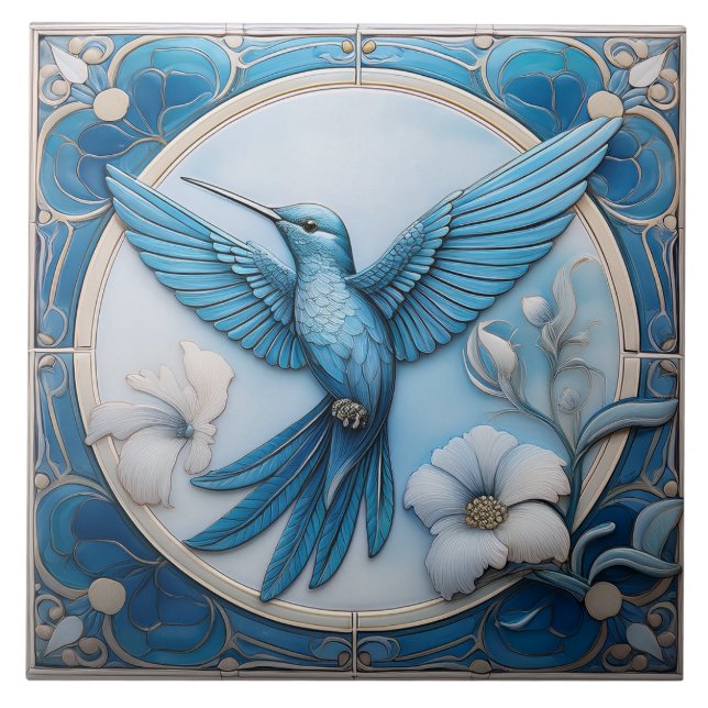 Azulejo Pastel blue faux relief Art Nouveau Hummingbird L (Frente)