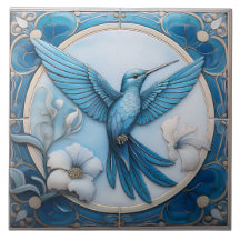 Pastel blue faux relief Art Nouveau Hummingbird R