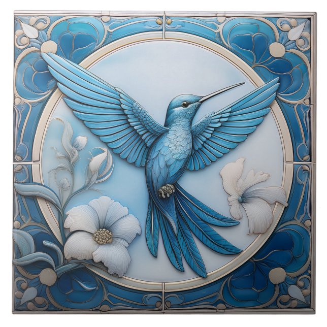 Azulejo Pastel blue faux relief Art Nouveau Hummingbird R (Frente)