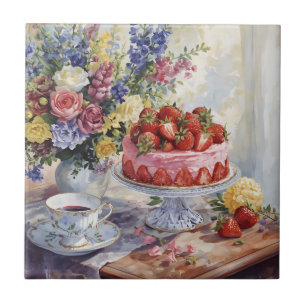 Azulejo Pastel de fresa y flores al estilo acuarela vida i