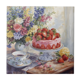 Azulejo Pastel de fresa y flores al estilo acuarela vida i