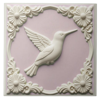 Azulejo Pastel pink faux relief Art Nouveau Hummingbird 