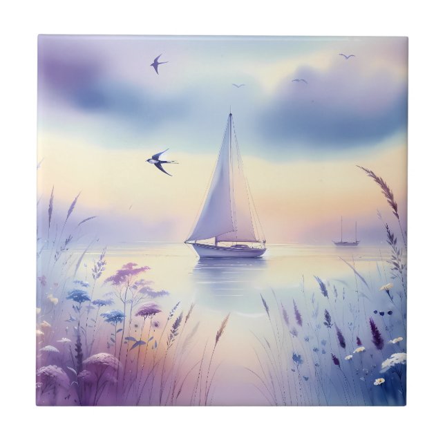 Azulejo Pastel Sailboat Coastal Dreamscape (Frente)