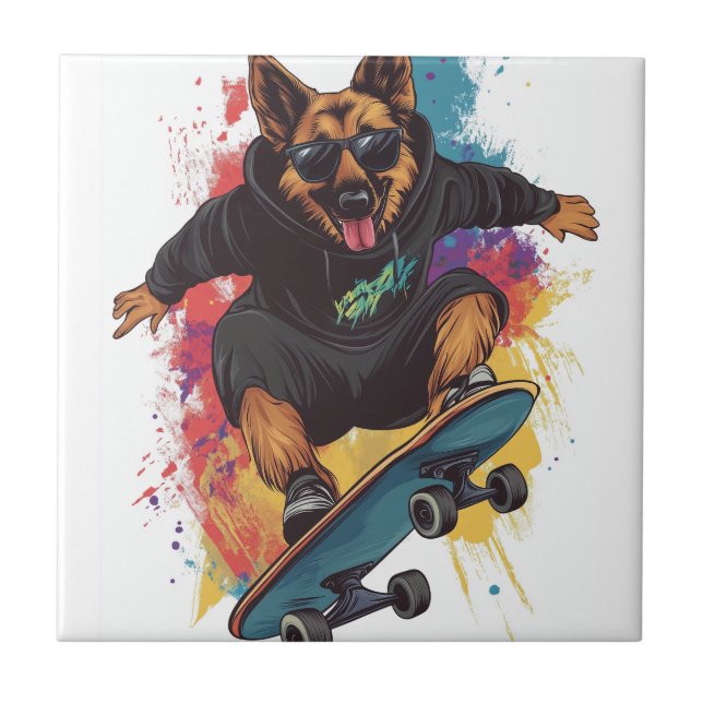 Azulejo Pastor Skater � Perro De Skateboard Genial (Frente)