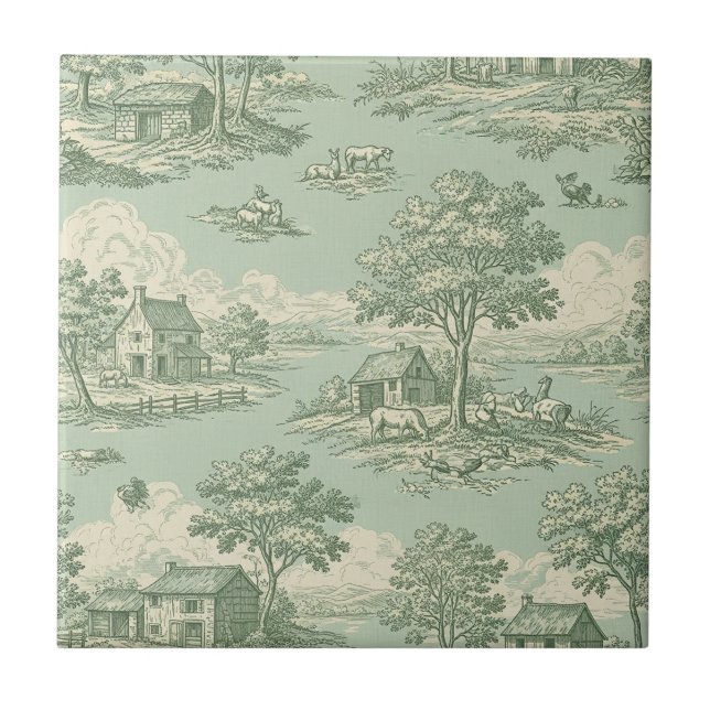 Azulejo Pastoral Sage Green Toile Countryside Farm Scene 1 (Frente)