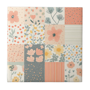 Azulejo Patchwork Floral Coral Melocotón Salvia Vintage