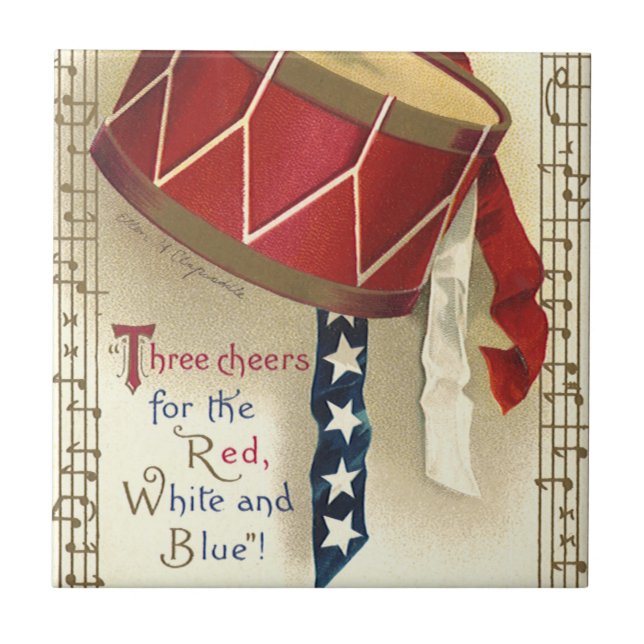 Azulejo Patriótico vintage, tambores con notas musicales (Frente)