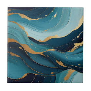 Azulejo Patrón abstracto fluido de oro azul marino de lujo