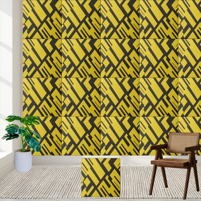 Azulejo Patrón abstracto geométrico amarillo y negro (Geometric Yellow and Black Abstract Pattern Ceramic Tile)