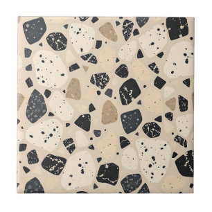 Azulejo Patrón abstracto neutro de terraczo beige y negro