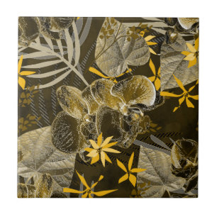 Azulejo Patrón acuarela amarillo-marrón floral.