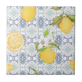 Azulejo Patrón acuarela de limón siciliano con azul orname
