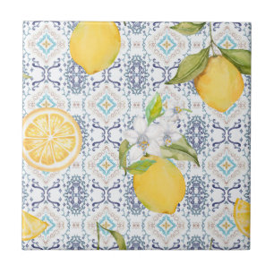 Azulejo Patrón acuarela de limón siciliano con azul orname