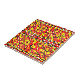 Azulejo Patrón amarillo rojo Ornamentos folclóricos Tile c